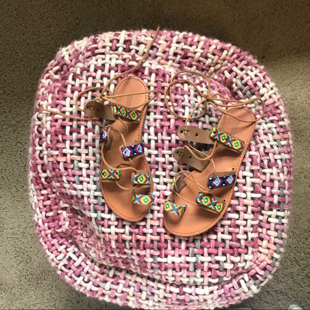 American Eagle Ankle Tie Up Sandals w/ Embroidery